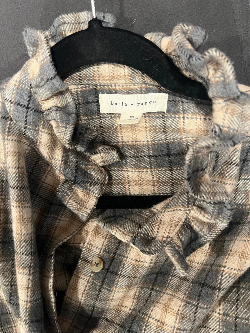 Ruffle Neck Plaid Button-Front Flannel Heavy Soft Oversized in Beige and Gray